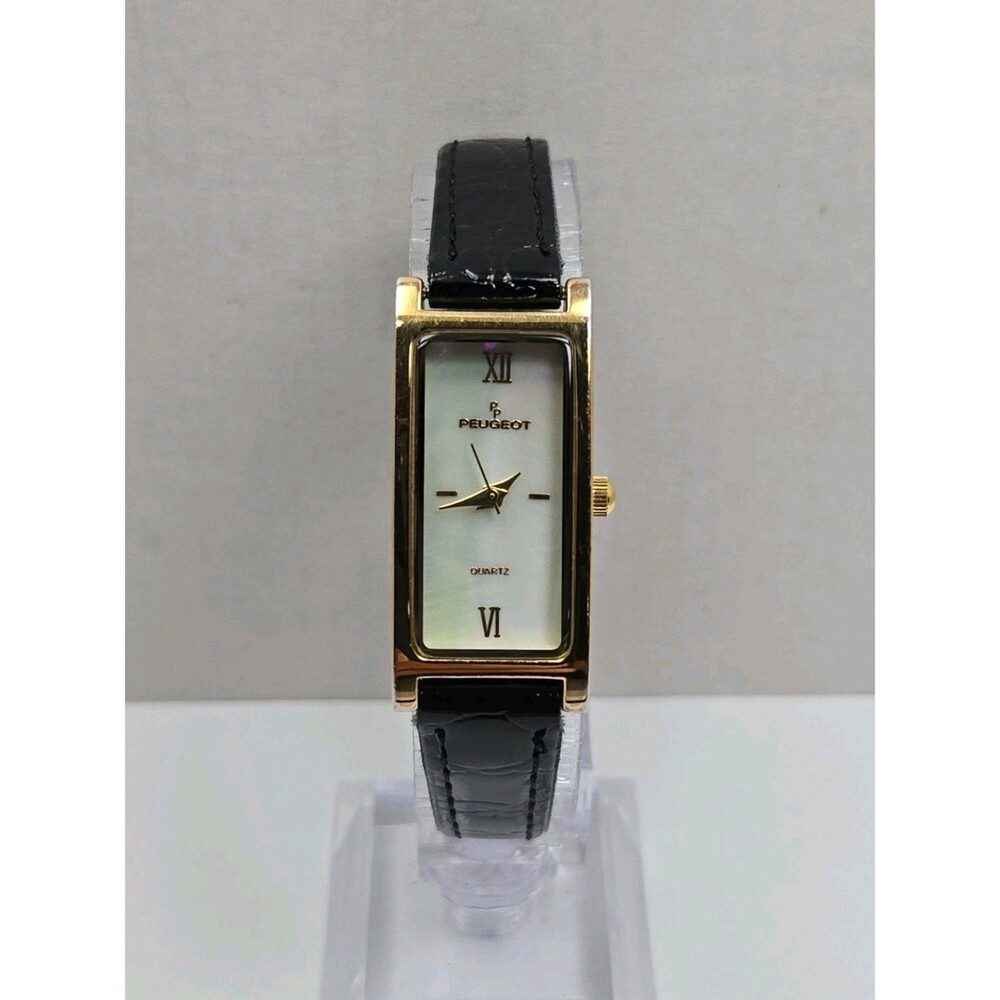 Peugeot Womens 14K Gold Plated Mother Of Pearl Slim Tank Dress Watch New Battery